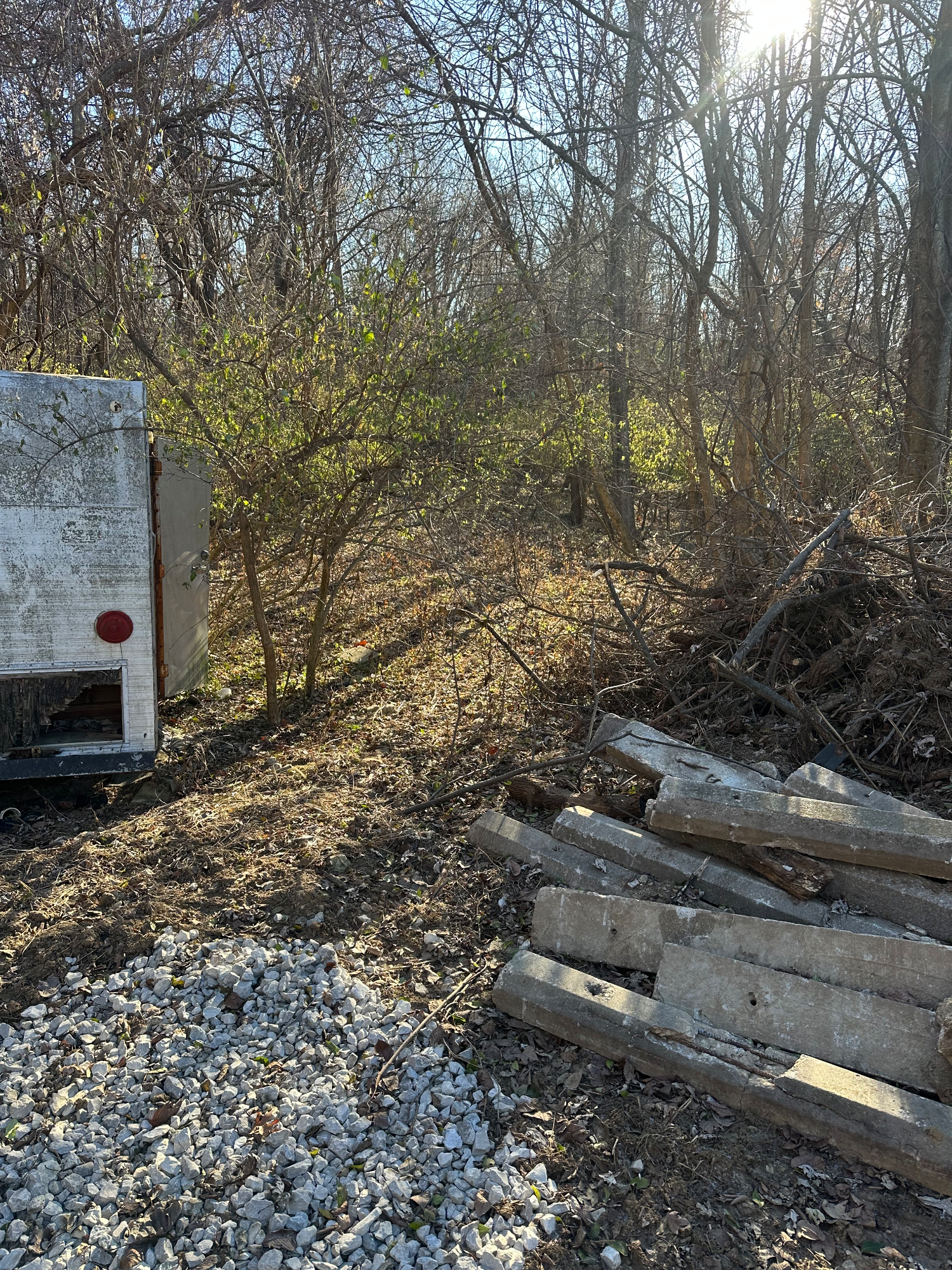 Overgrown property in St. Ann with an old camper and scattered debris left on open ground